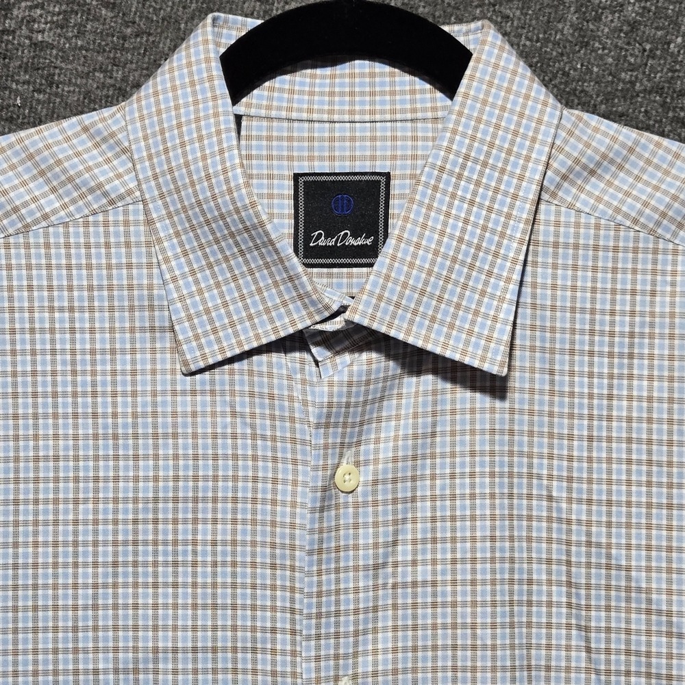 David Donahue Men Dress Shirt Plaid Check Sz 17 34/35 Black / Brown‎ Long Sleeve